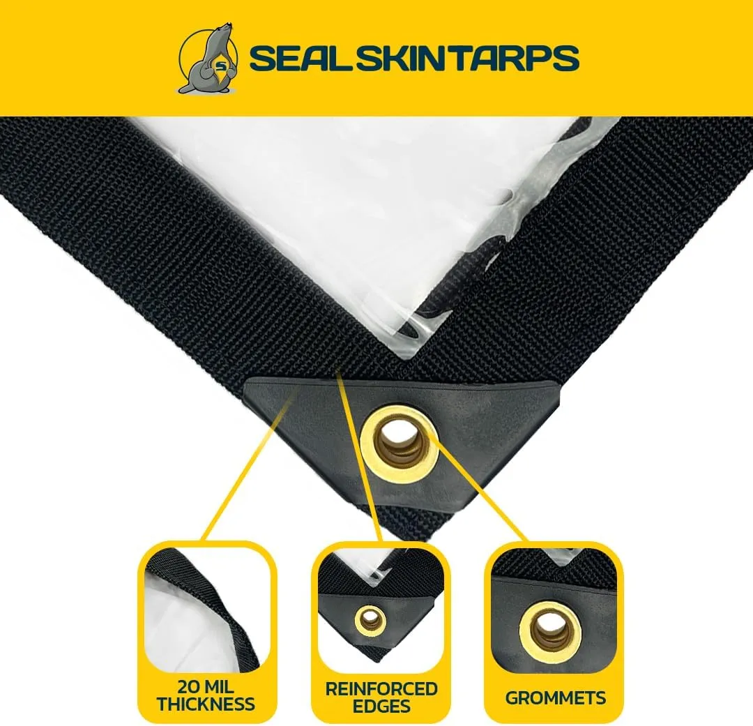 Seal Skin Covers Waterproof Clear Tarp 8x10 FT, 20 Mil 18 OZ 560 GSM Heavy Duty Transparent Vinyl Tarpaulin with Grommets