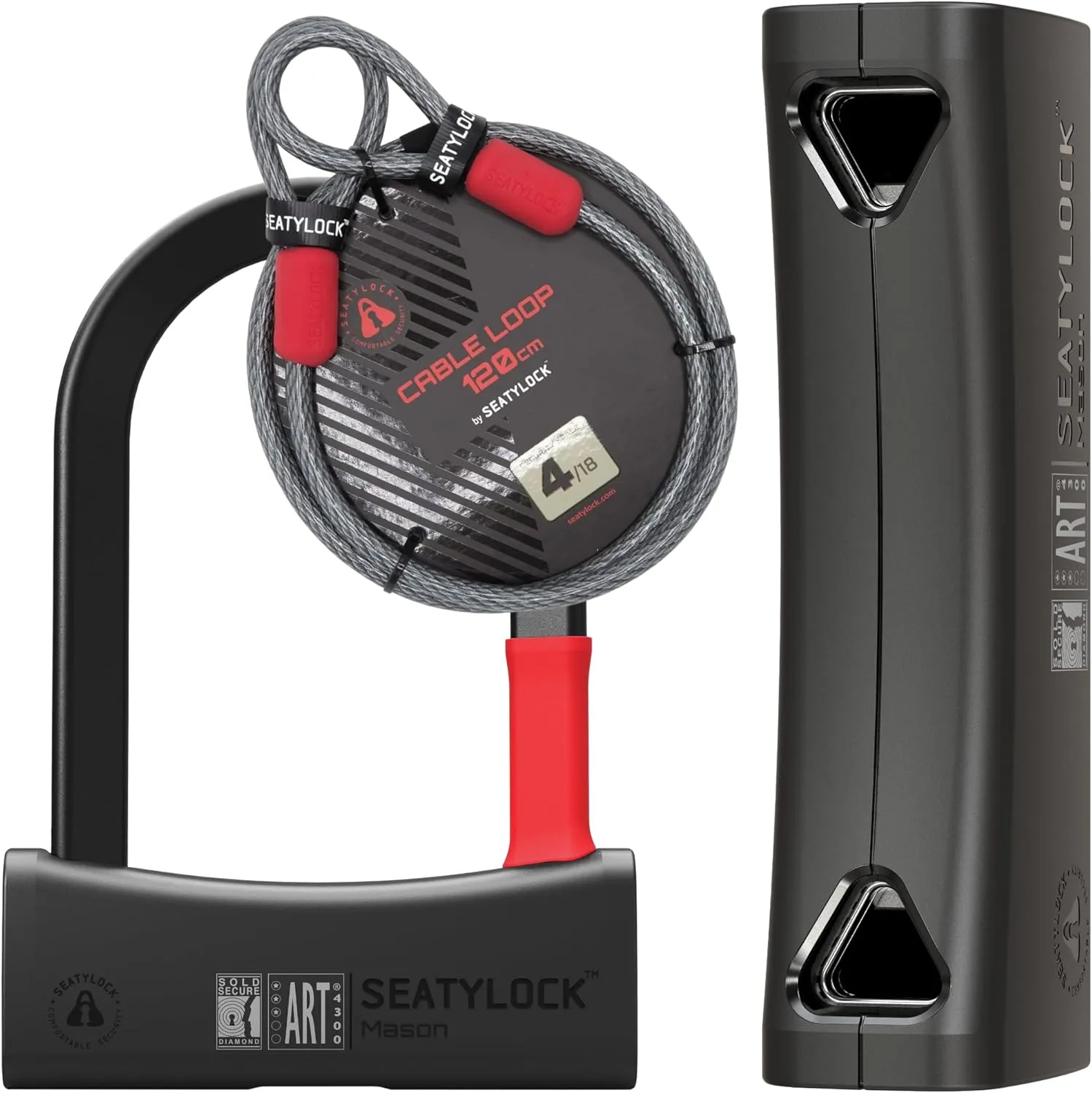 Seatylock Mason Bike U Lock and Locking Cable Kit - Patented Heavy Duty Anti Theft Diamond Secure ULock - Ultra Security Bicycle Safety Tool with Keys for City Electric, Mountain Bikes and Scooters