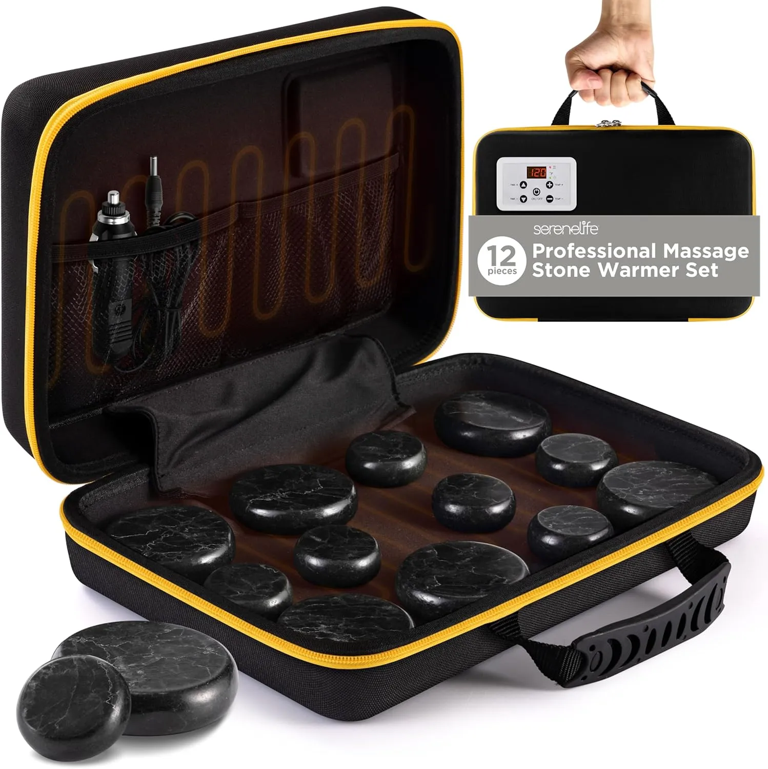 SereneLife Portable Basalt Stone Massage Set with Heating Bag - Hot Stone Massaging Black Basalt Kit, 12 Rocks Massage Stones and Warmer Set, Soothing Massage Accessories