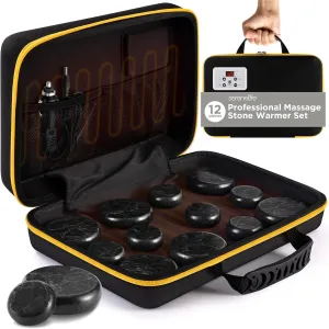 SereneLife Portable Basalt Stone Massage Set with Heating Bag - Hot Stone Massaging Black Basalt Kit, 12 Rocks Massage Stones and Warmer Set, Soothing Massage Accessories