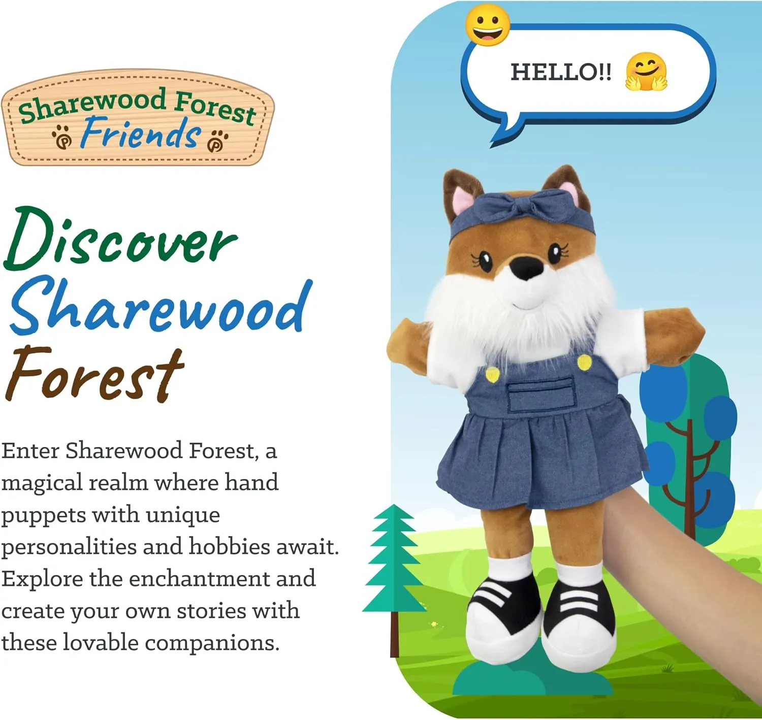 Sharewood Forest Friends Fiona The Fox Hand Puppet - Stuffed Animal for Toddlers, Kids, Teachers, Daycare & School - Perfect for Puppet Theatre and Creative Play