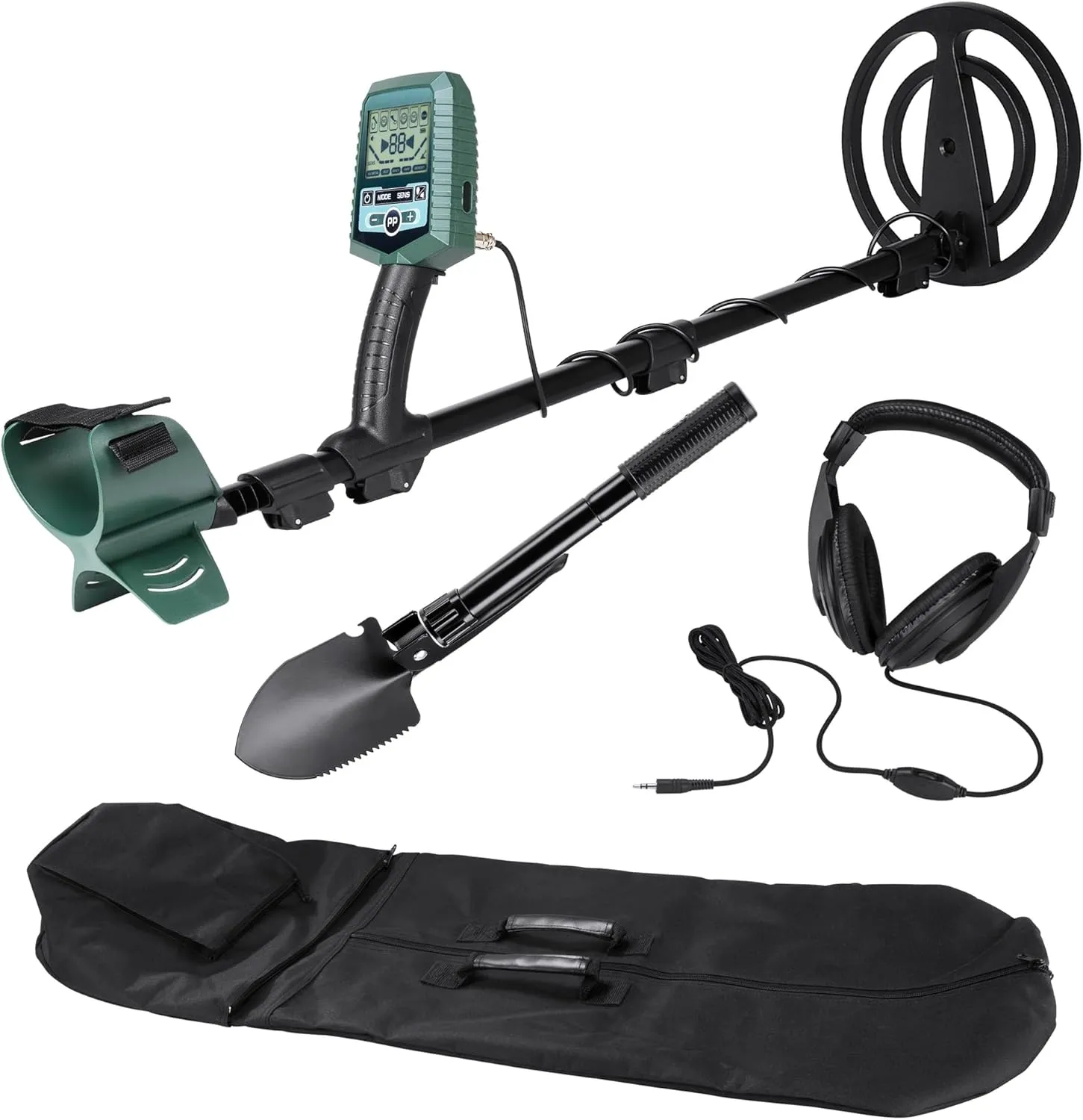 Sharp-200 Professional Metal Detector Field Kit with Submergible Search Coil, Heanphone, Folding Shovel with Compass, Carrying Case
