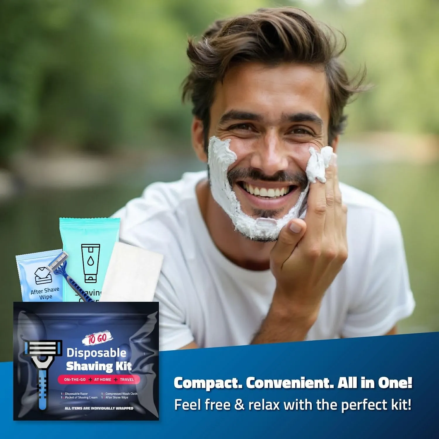 Shaving Kit with Razor, Shaving Cream, Washcloth & Aftershave Wipe – Men’s Travel Shave Set for Hotels, Shelters & Outreach – Disposable Grooming Pack (Blue) (100)
