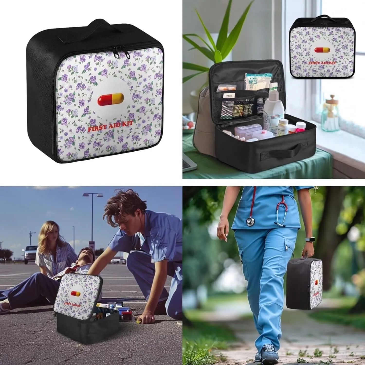 Simple Purple Flower Print First Aid Kit-Empty Medical Kit-Trauma Aid Kit-Medicine Organizer Storage,Ideal for Family-Dorm-Traveling-Car-RV-Camping-Hiking-Hunting Essentials Gear (Bag Only)