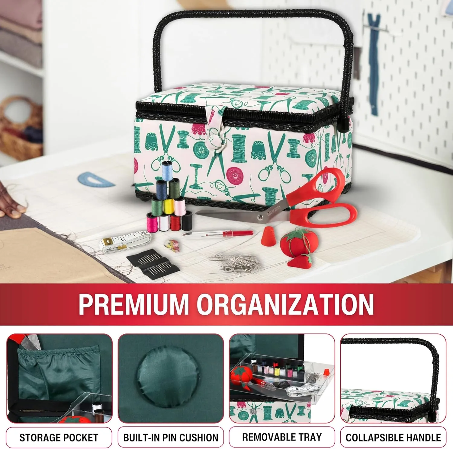 SINGER 07271 Basket with Sewing Notions Kit & Removable Tray-Vintage Spools, Tan