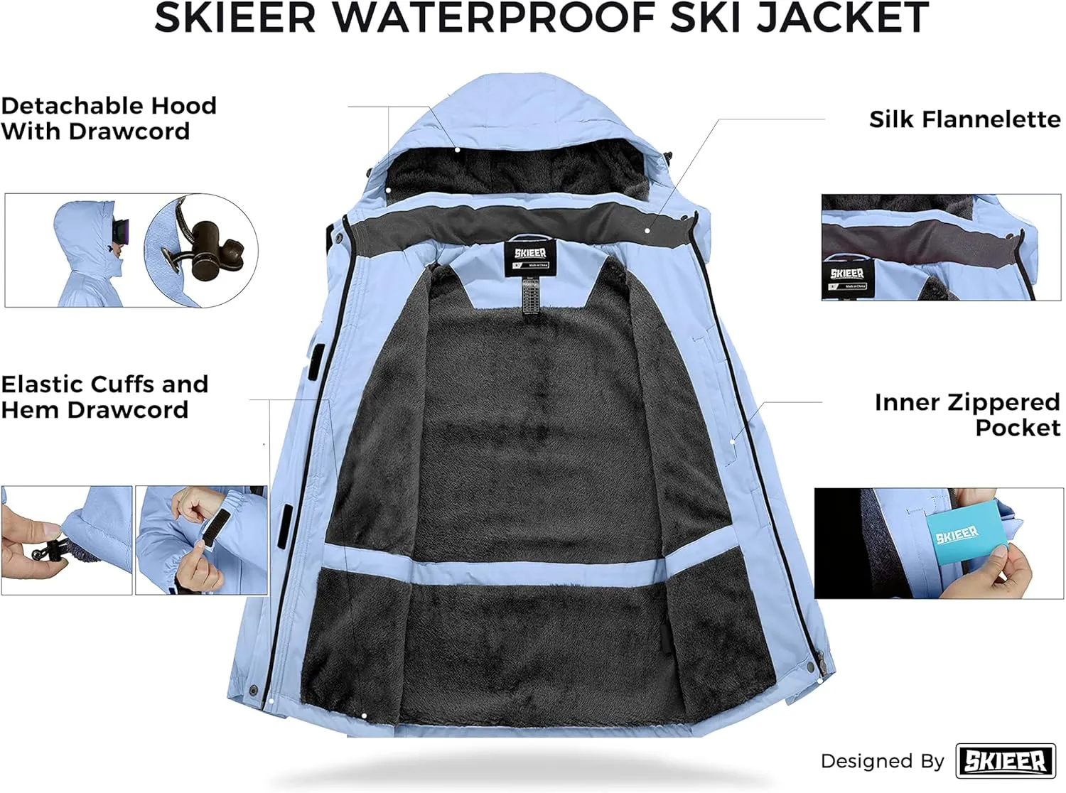 Skieer Women's Waterproof Ski Jacket Warm Winter Coat Fleece Snowboarding Coat