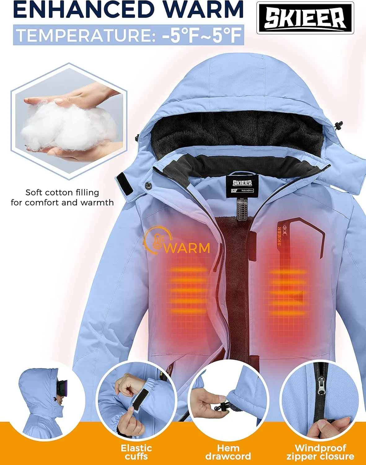 Skieer Women's Waterproof Ski Jacket Warm Winter Coat Fleece Snowboarding Coat