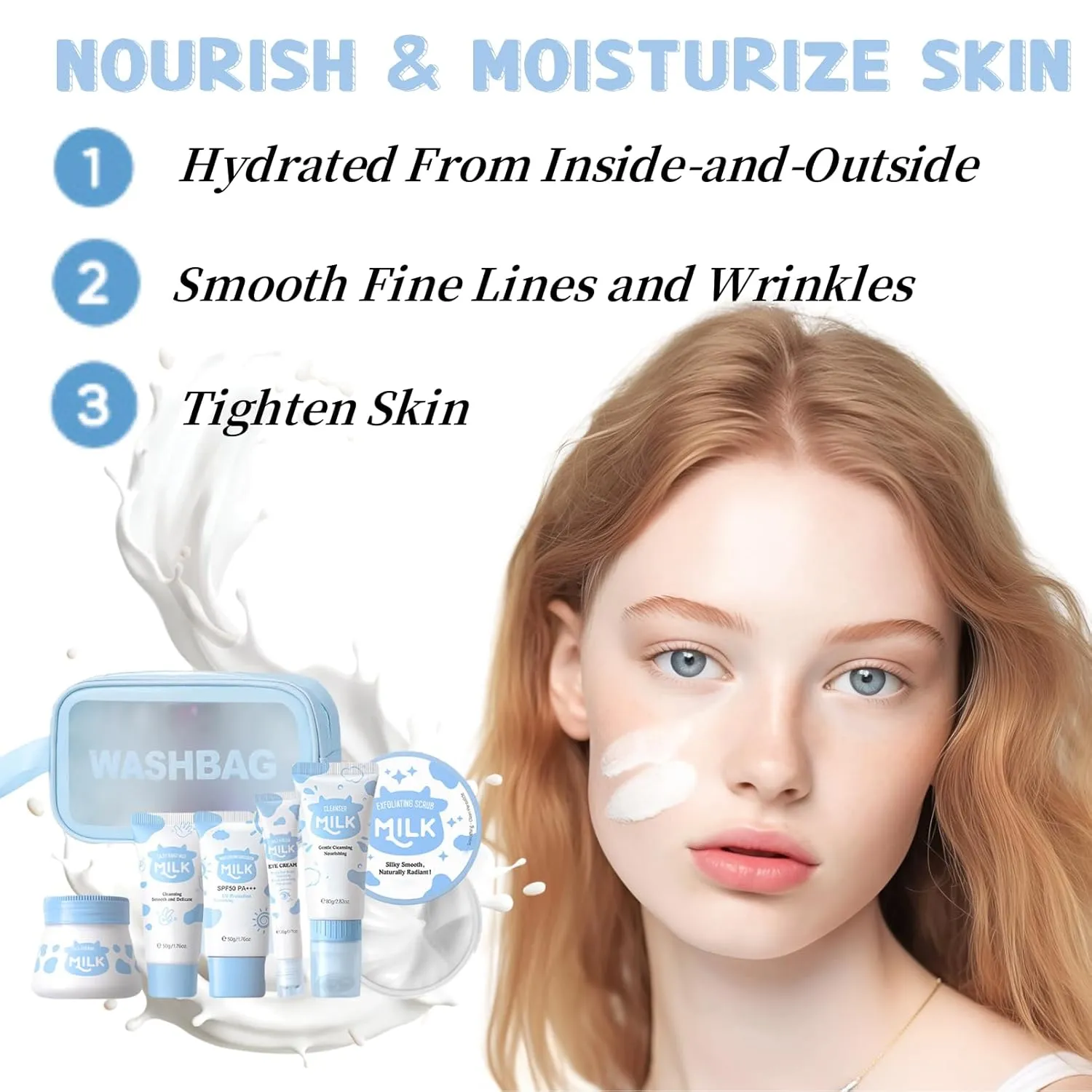 Skin Care Kit Milk Girls Gifts - Teen Skin Care Set - Skin Care Routine Kit for Women - with Hand Wax,Sunscreen,Face & Eye Cream,Exfoliating Scrub,Skin Care Bag - Mothers Day Gifts (7PCS, Milk)