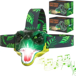 Skywin Dinosaur Headlamp for Kids, 2 Pack Kids Deadlamps for Camping 2.8 x 2.9 x 2.7 Inches, Squeeze Mouth to Switch, Roaring Sound with Adjustable Strap Kids Camping Hunting Gear, Kids Flashlights