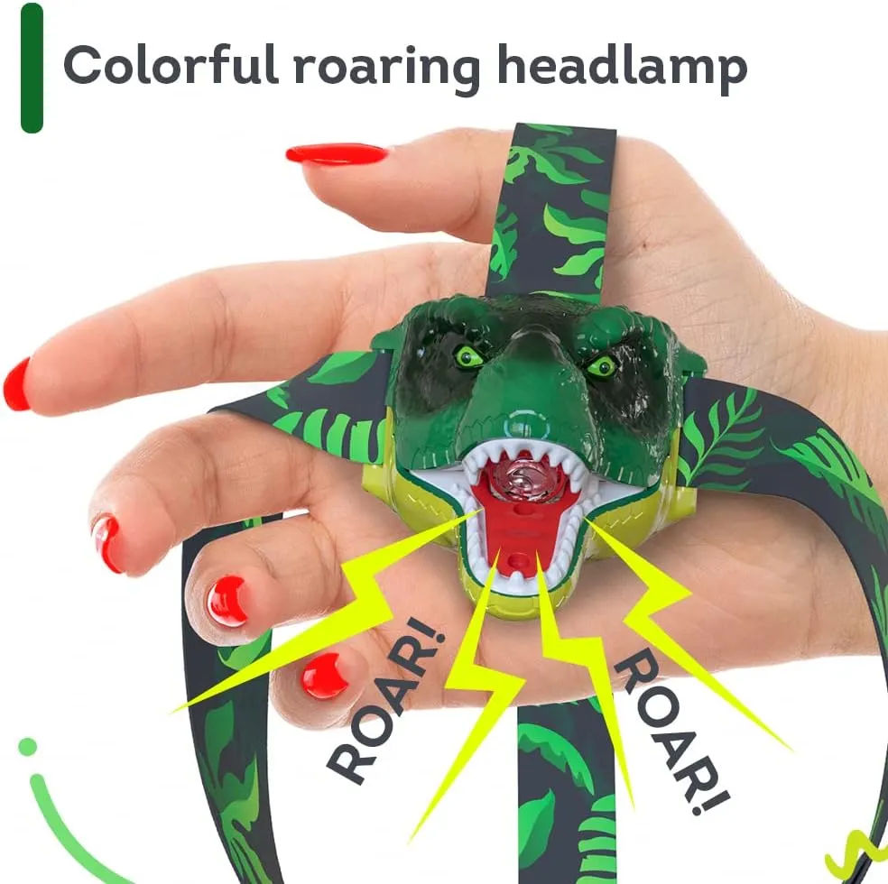 Skywin Dinosaur Headlamp for Kids, 2 Pack Kids Deadlamps for Camping 2.8 x 2.9 x 2.7 Inches, Squeeze Mouth to Switch, Roaring Sound with Adjustable Strap Kids Camping Hunting Gear, Kids Flashlights