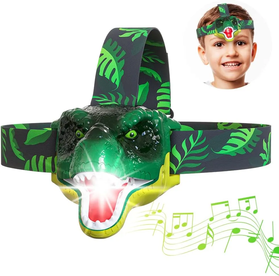 Skywin Dinosaur Headlamp for Kids, 2 Pack Kids Deadlamps for Camping 2.8 x 2.9 x 2.7 Inches, Squeeze Mouth to Switch, Roaring Sound with Adjustable Strap Kids Camping Hunting Gear, Kids Flashlights