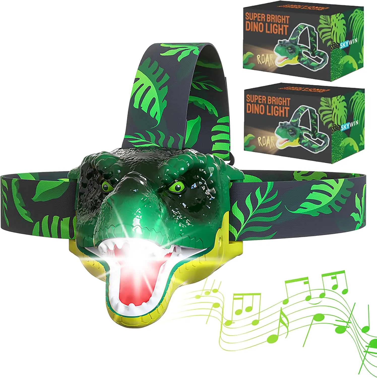 Skywin Dinosaur Headlamp for Kids, 2 Pack Kids Deadlamps for Camping 2.8 x 2.9 x 2.7 Inches, Squeeze Mouth to Switch, Roaring Sound with Adjustable Strap Kids Camping Hunting Gear, Kids Flashlights