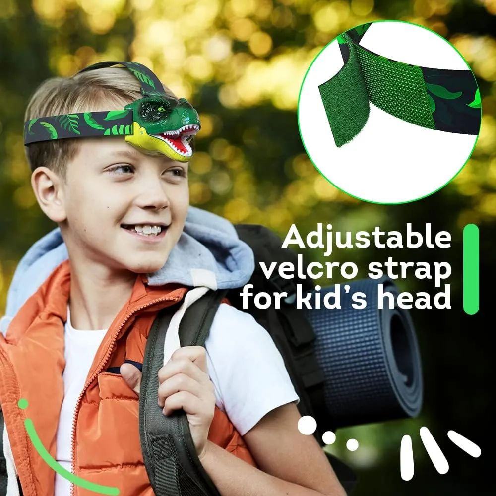 Skywin Dinosaur Headlamp for Kids, 2 Pack Kids Deadlamps for Camping 2.8 x 2.9 x 2.7 Inches, Squeeze Mouth to Switch, Roaring Sound with Adjustable Strap Kids Camping Hunting Gear, Kids Flashlights