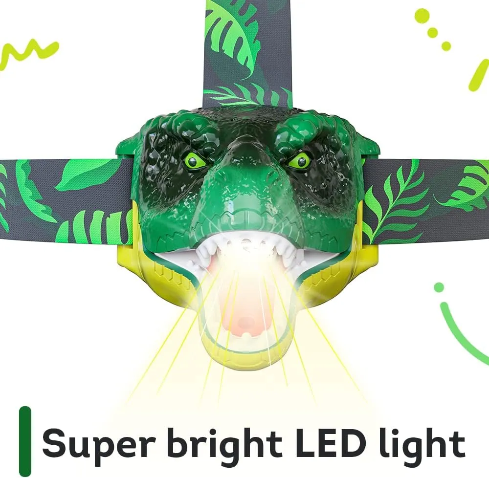 Skywin Dinosaur Headlamp for Kids, 2 Pack Kids Deadlamps for Camping 2.8 x 2.9 x 2.7 Inches, Squeeze Mouth to Switch, Roaring Sound with Adjustable Strap Kids Camping Hunting Gear, Kids Flashlights