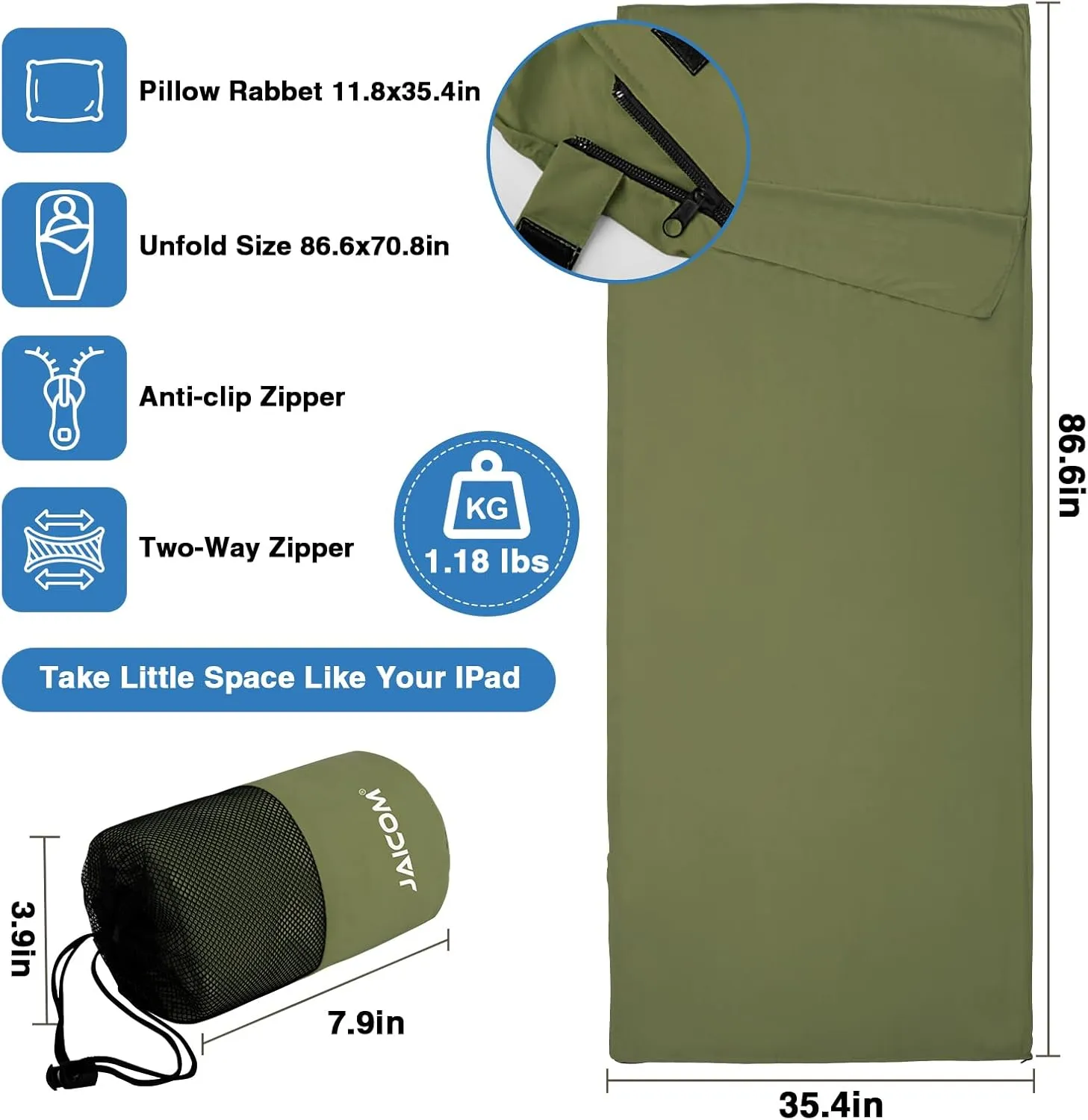 Sleeping Bag Liner, Sleep Sack Travel Sheets, Two-Way-Zipper Expose Feet Separately, Lightweight for Single, Backpacking,Hotels & Hostels, Camping, Travel, Business