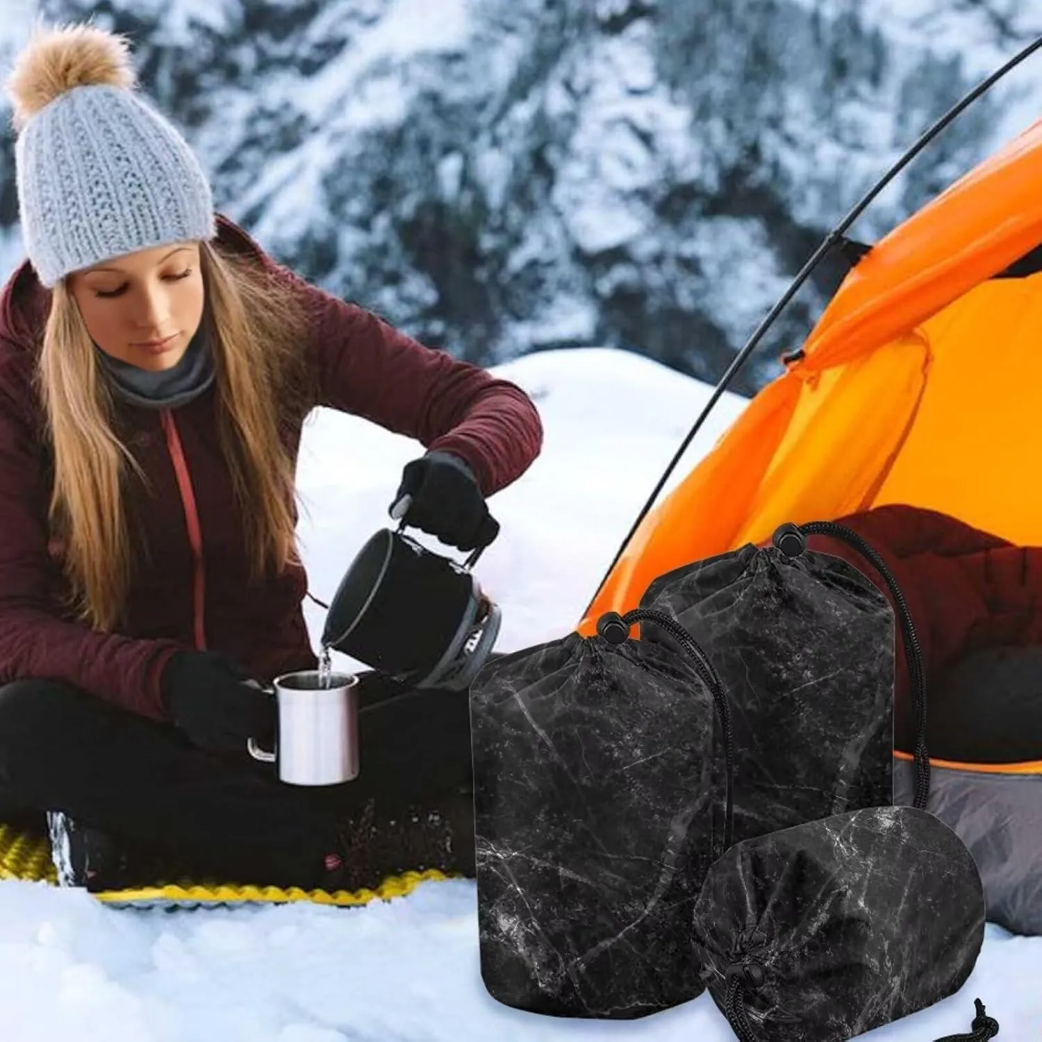 Sleeping Bag Stuff Sack Black Marble Waterproof Drawstring Bag Set of 3 Ditty Bags Bulk for Outdoor Products Camping Gear Travel Drawstring Bags Foldable Lightweight