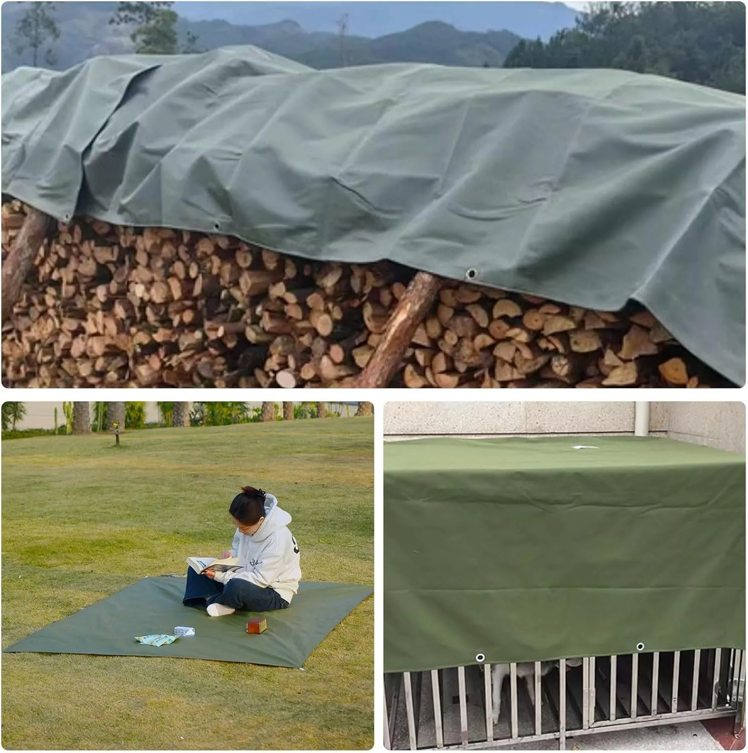Small Multipurpose Cover, Green 600g/m² Heavy Duty Reinforced Ground Sheet Tarp Cover with Strong Eyelets, Cover for Camping Boat Car Picnic Outdoor Furniture(1.5x1.5m)
