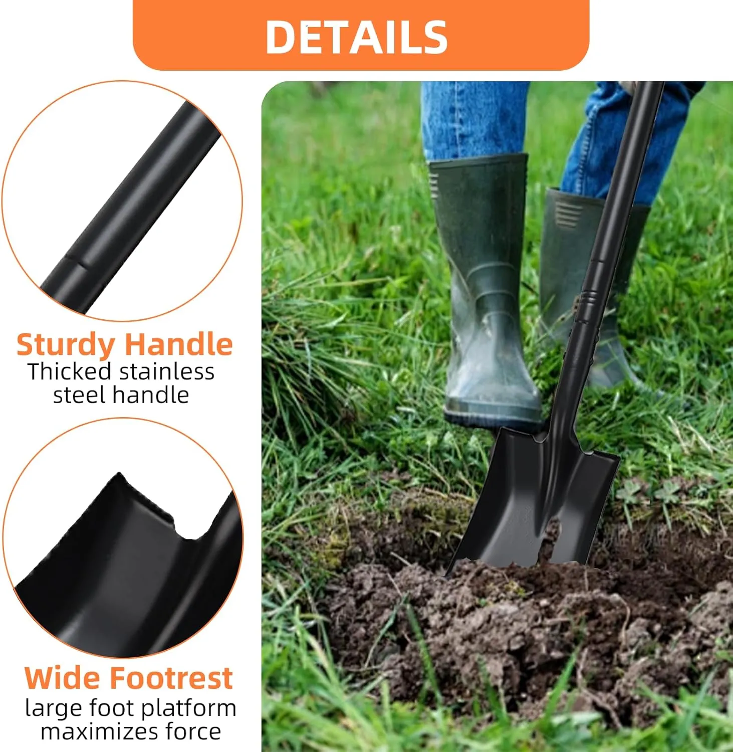Small Square Shovel for Digging with Metal Handle, 43.3 Inch Heavy Duty Small Shovel, Trench Shovels Ideal for Digging Gardening Trenching Camping Planting Transferring, Black