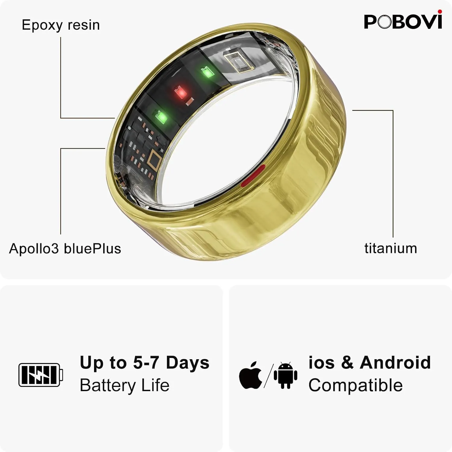 Smart Ring for Women Men- Sleep/Fitness/Stress/Heart Rate Tracker- Menstrual Records - 7 Days Battery Life - Wireless Charging - No APP Subscription - iOS & Android Compatible (Gold, Size 7)