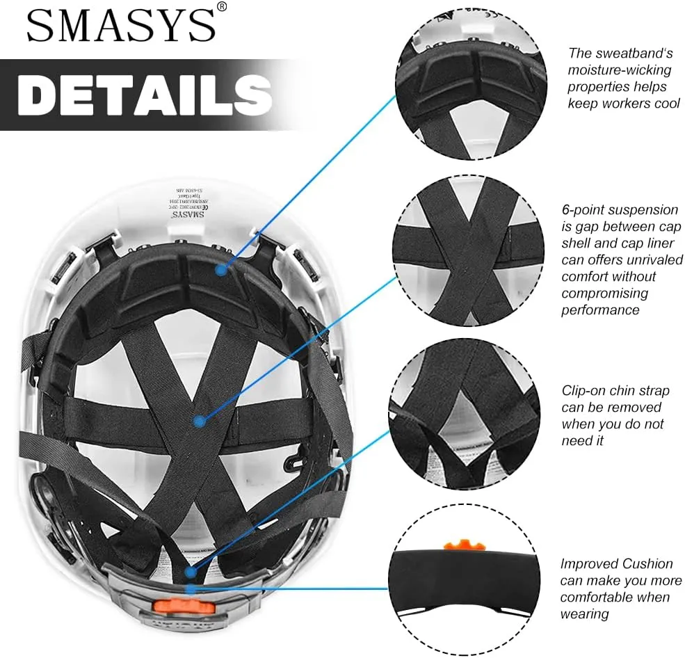 SMASYS Safety Hard Hat ABS Helmet Adjustable with Visor 6-Point Suspension Perfect for Construction and Climbing