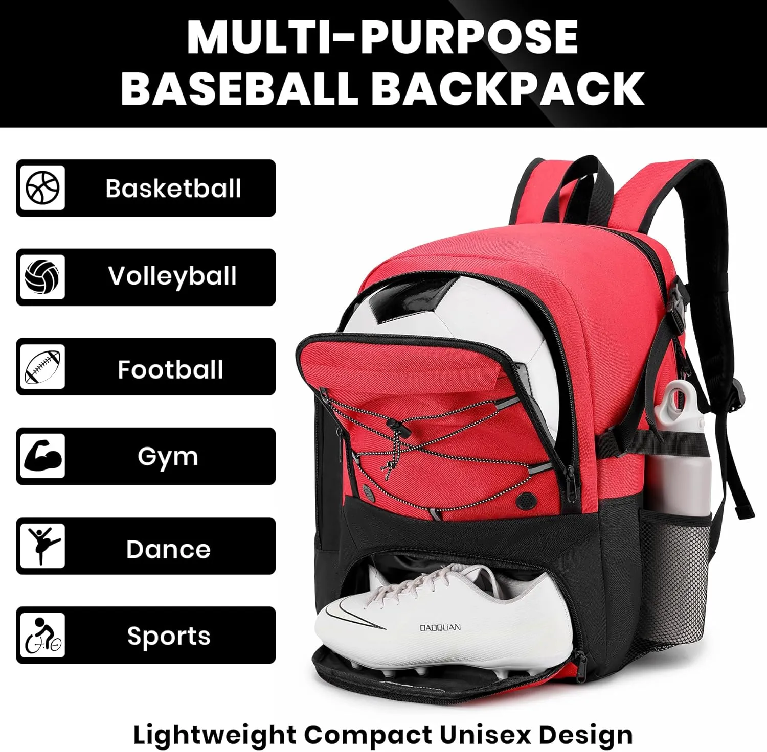 Soccer Backpack with Ball Holder,Youth soccer Bag for Basketball,Volleyball-Includes Separate Shoe Compartment&and Insulation (Red)