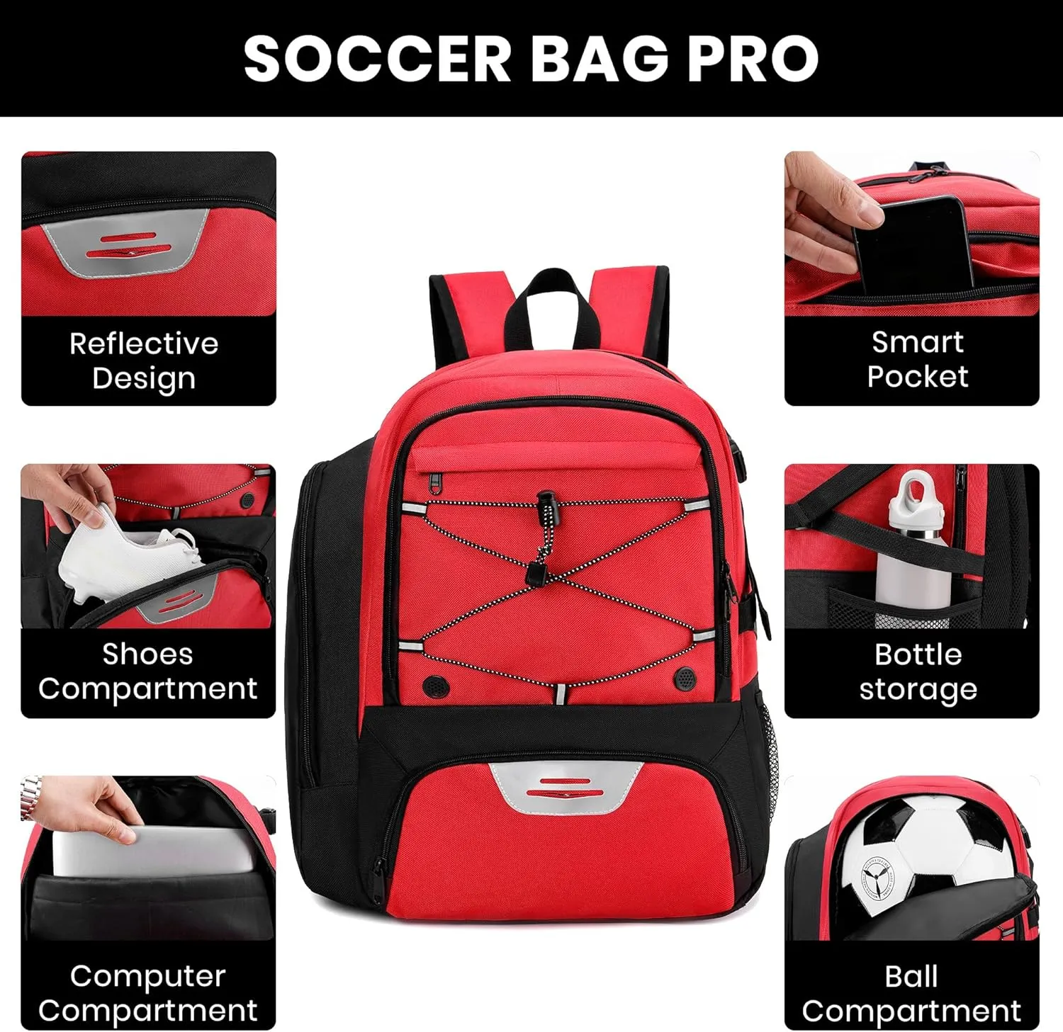 Soccer Backpack with Ball Holder,Youth soccer Bag for Basketball,Volleyball-Includes Separate Shoe Compartment&and Insulation (Red)