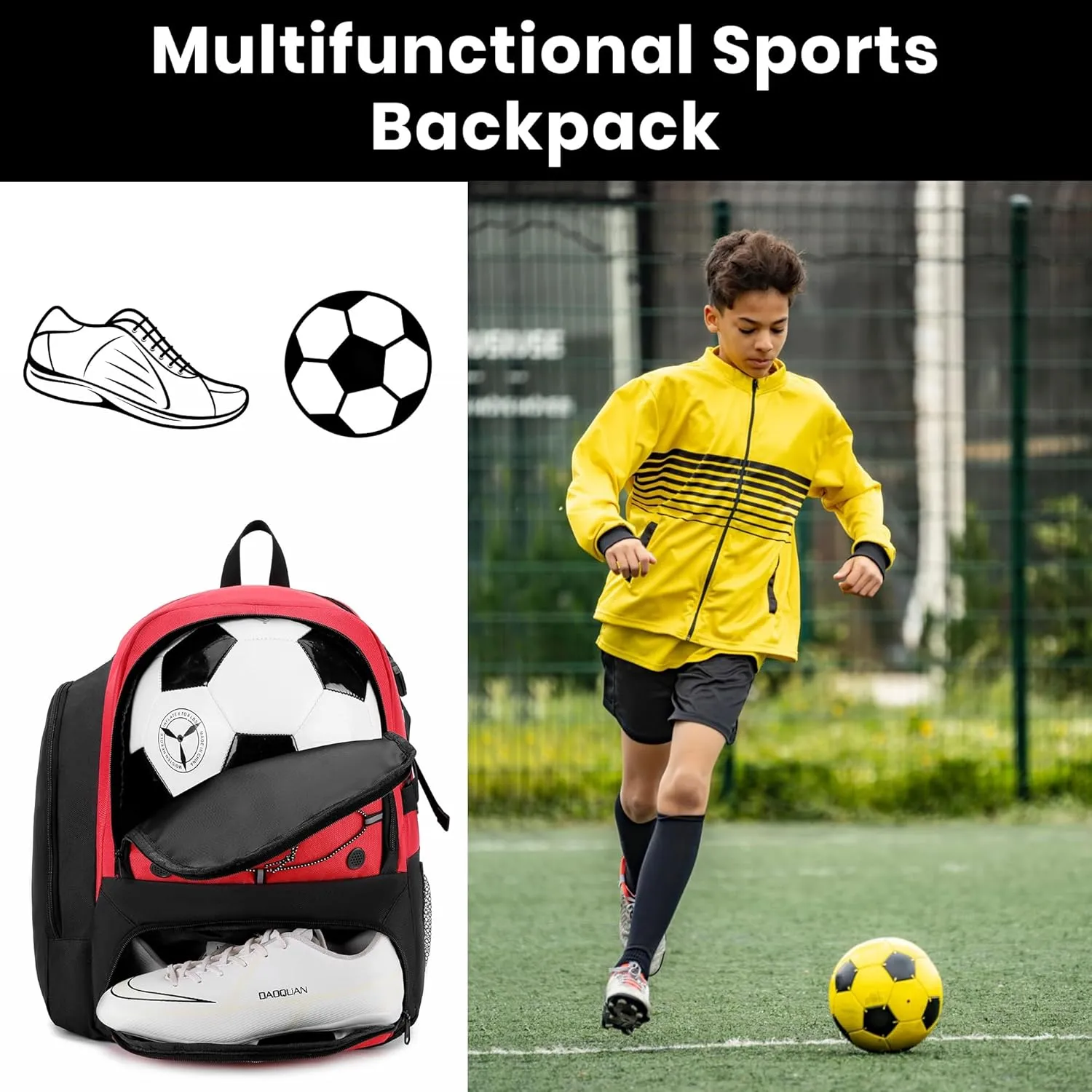 Soccer Backpack with Ball Holder,Youth soccer Bag for Basketball,Volleyball-Includes Separate Shoe Compartment&and Insulation (Red)