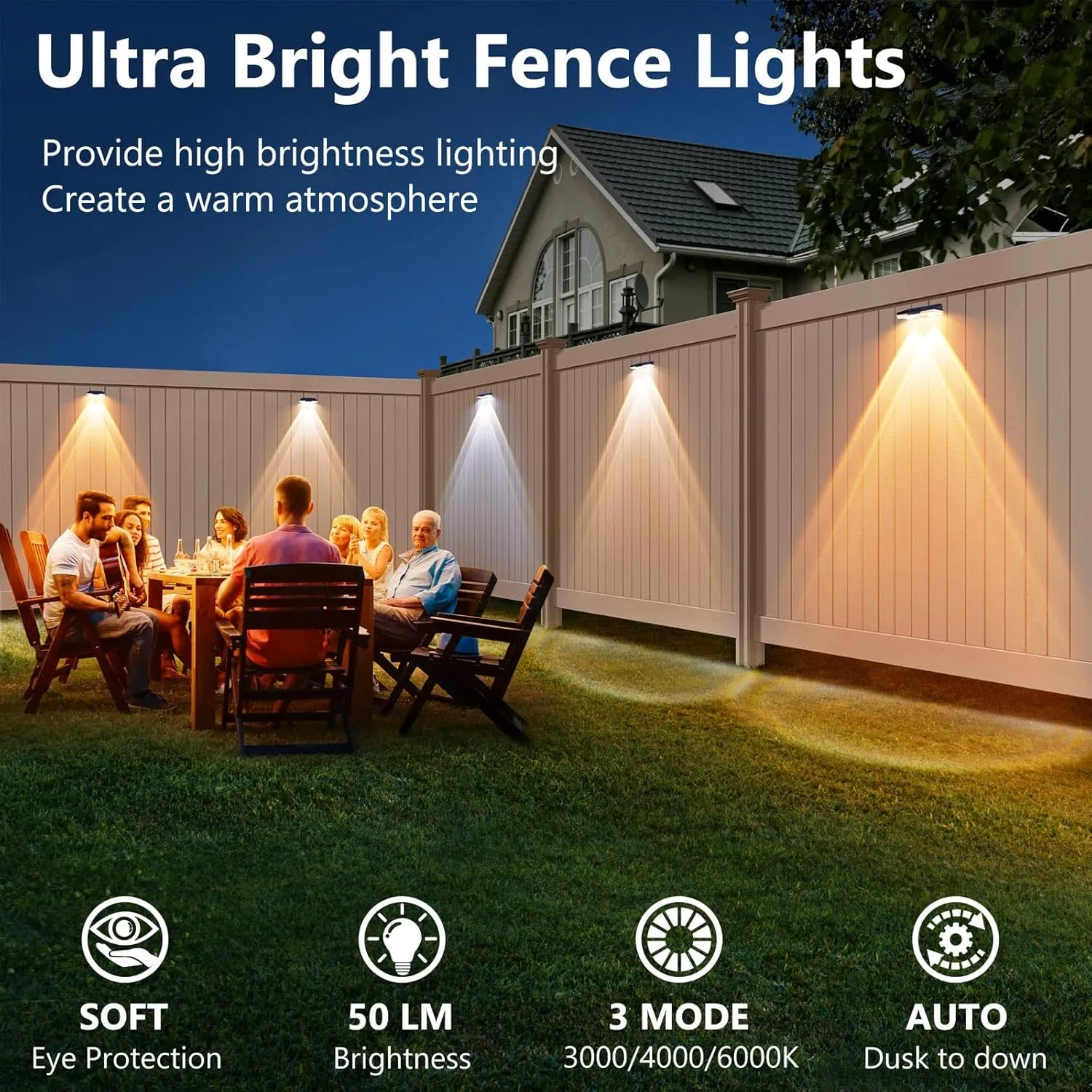 Solar Fence Lights Outdoor Waterproof Led, 3000K/4000K/6000K 3 Modes 50 Lumens Fence Lights Solar Powered for Wall/Patio/Outside/Post/Yard/Garden/Stair, Auto ON/Off Deck Lighting (8 Pack)