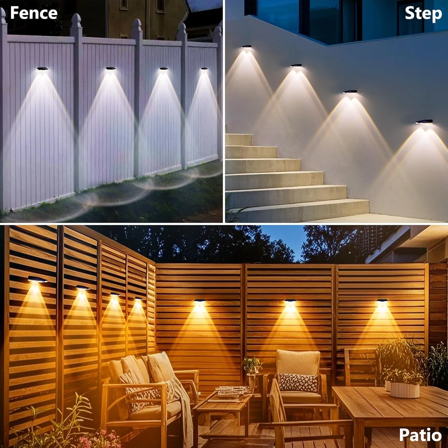 Solar Fence Lights Outdoor Waterproof Led, 3000K/4000K/6000K 3 Modes 50 Lumens Fence Lights Solar Powered for Wall/Patio/Outside/Post/Yard/Garden/Stair, Auto ON/Off Deck Lighting (8 Pack)