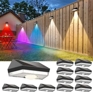 Solar Fence Lights,Warm White & Cool White & RGB 7Colors ＆ Color Changing Mode IP65 Waterproof Solar Lights Outdoor for Deck/Patio/Backyard/Wall/Pool/Fence/Railing/Step(12Pack)