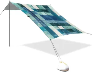 Square Geometric Plaid Stripe Embroidery Robin Blue Designed UPF50 Foldable Beach Cabana Easy Setup Large Sun Shade with Sand Shovel for Family Trips, Picnics & Camping tienda para
