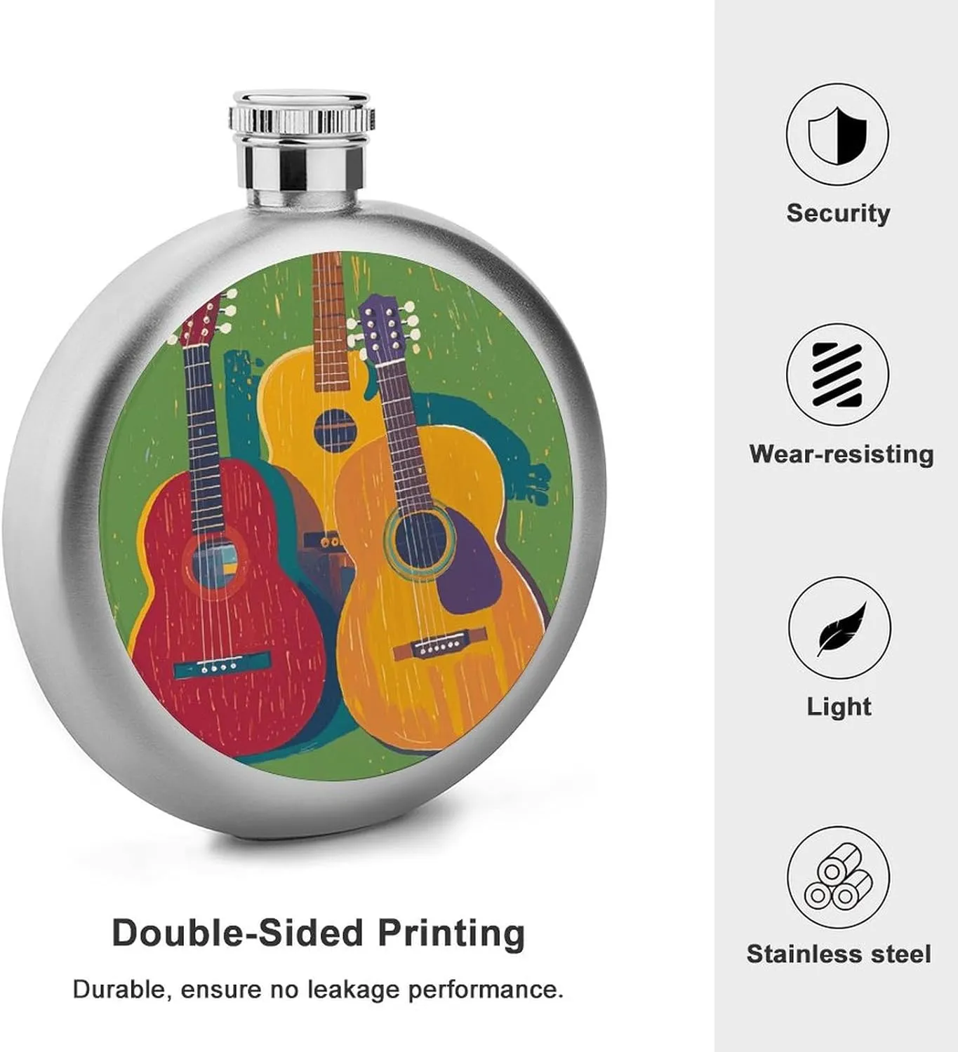 Stainless Steel Wine Bottle Liquor Container Color Acoustic And Guitars Print Leak Proof Hip Flask Durable for Camping Hiking Travel Festivals