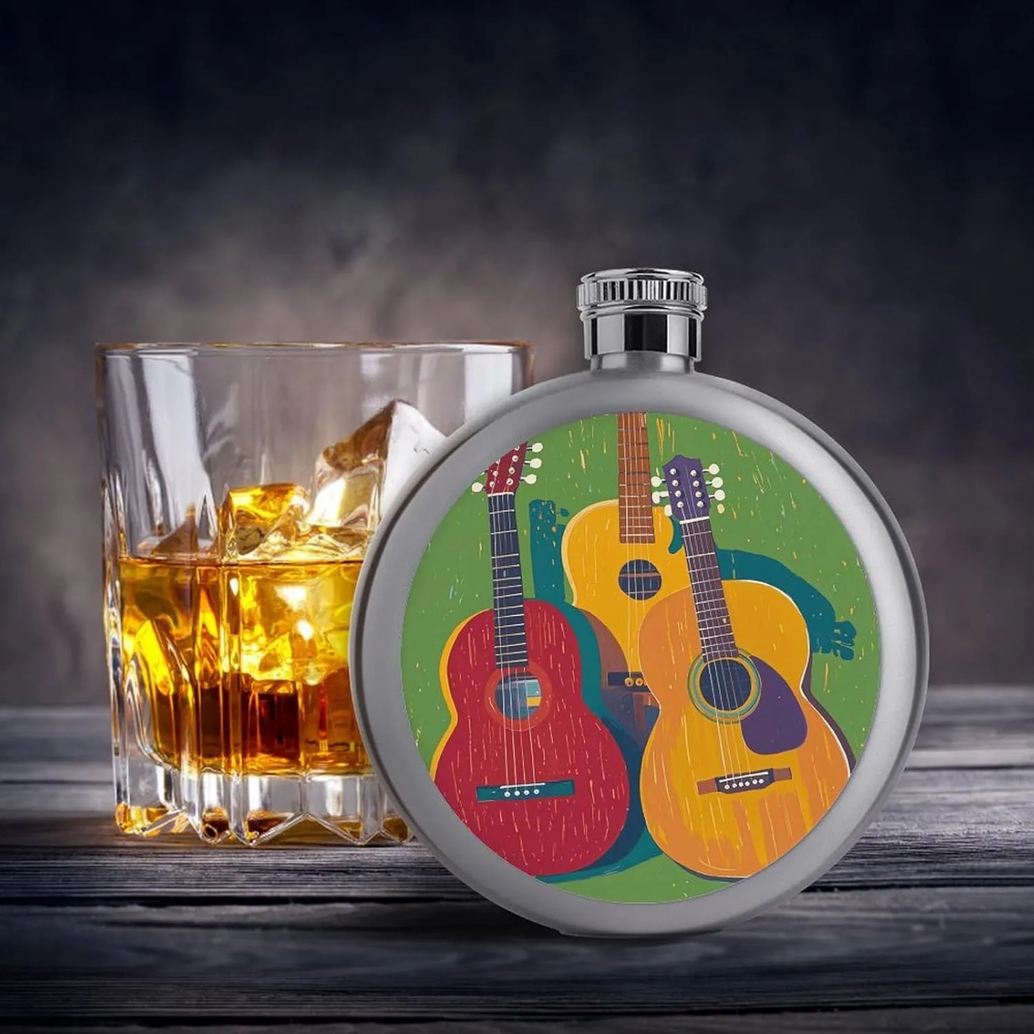 Stainless Steel Wine Bottle Liquor Container Color Acoustic And Guitars Print Leak Proof Hip Flask Durable for Camping Hiking Travel Festivals