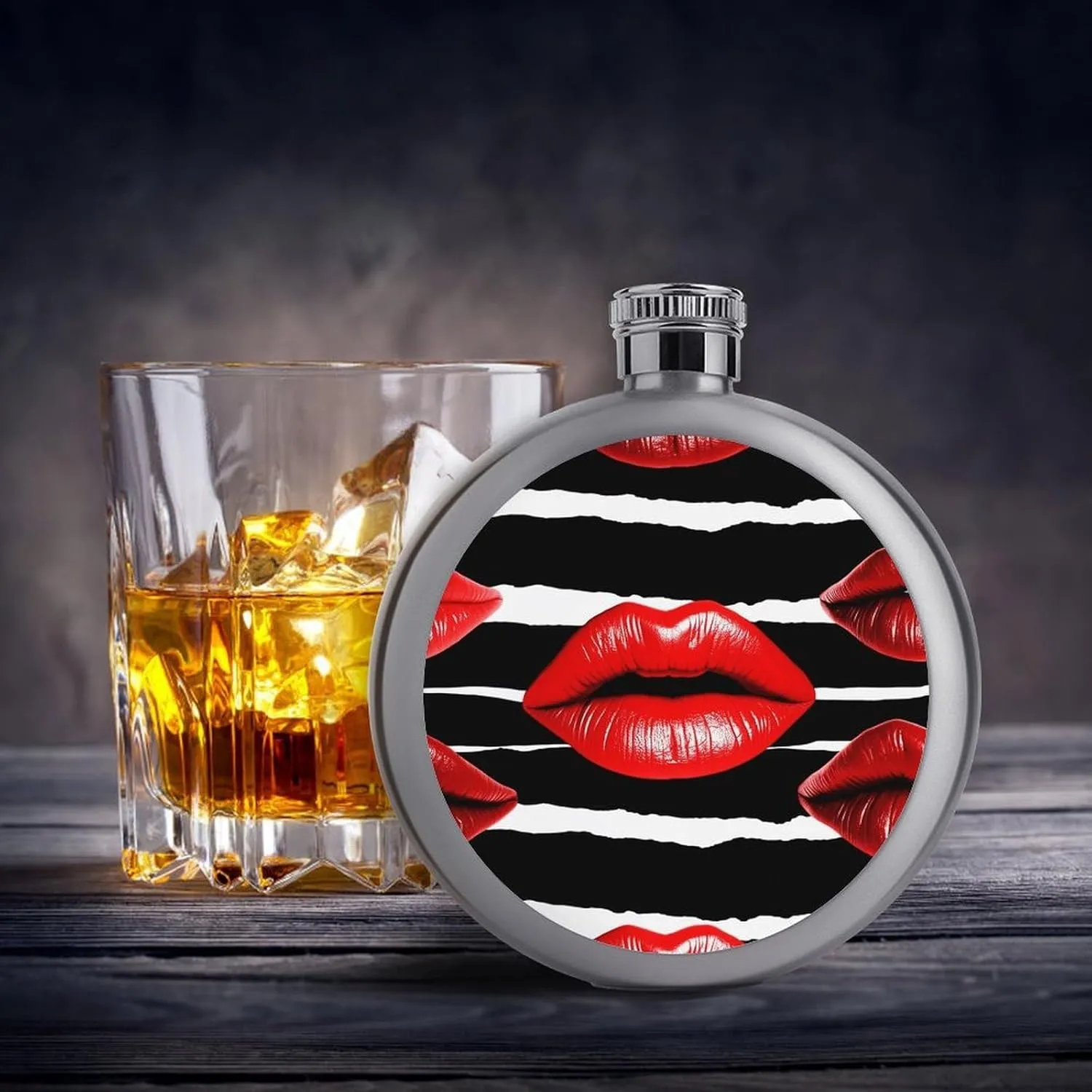 Stainless Steel Wine Bottle Liquor Container Red Lips Kiss Print Leak Proof Hip Flask Durable for Camping Hiking Travel Festivals