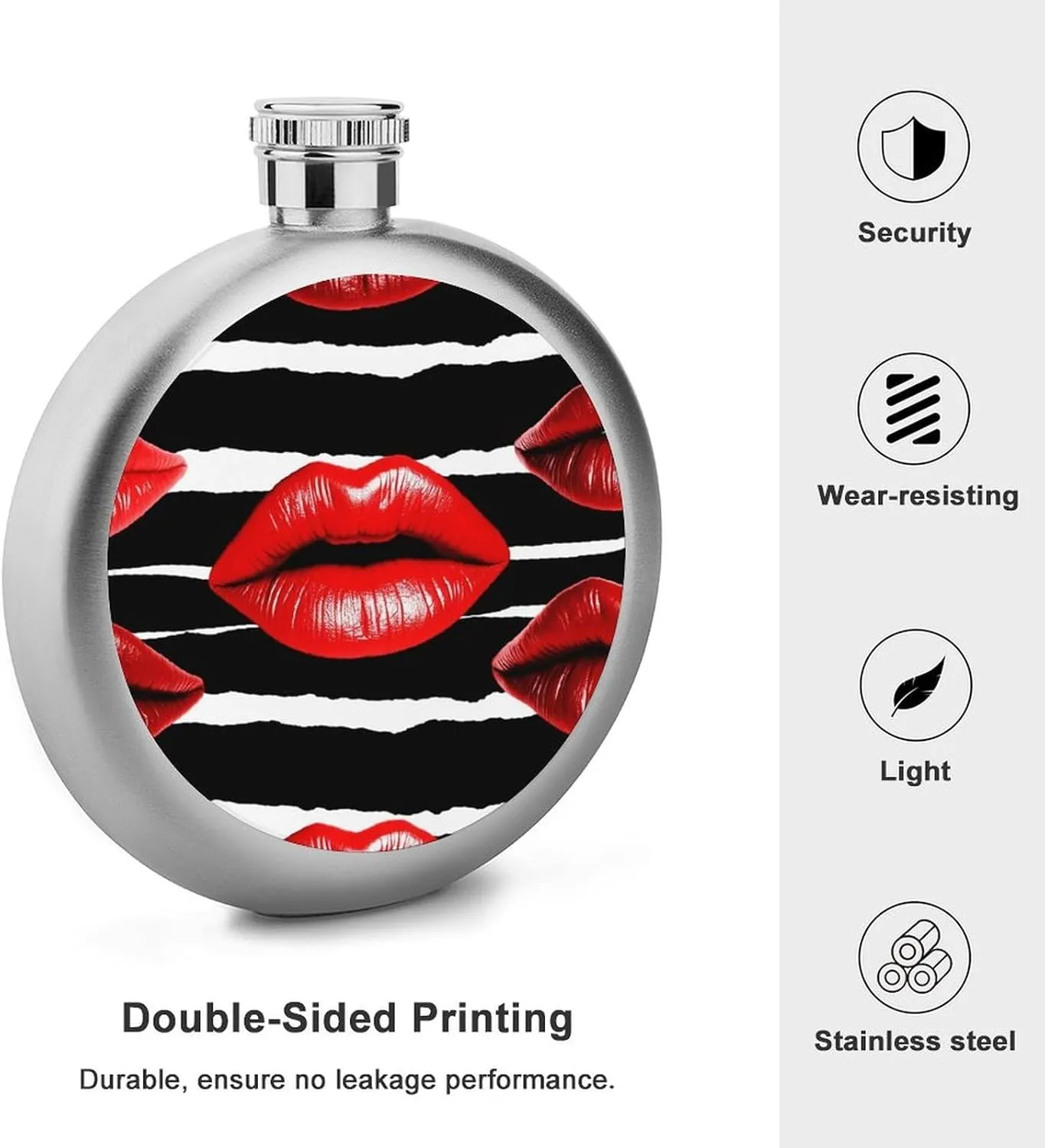 Stainless Steel Wine Bottle Liquor Container Red Lips Kiss Print Leak Proof Hip Flask Durable for Camping Hiking Travel Festivals