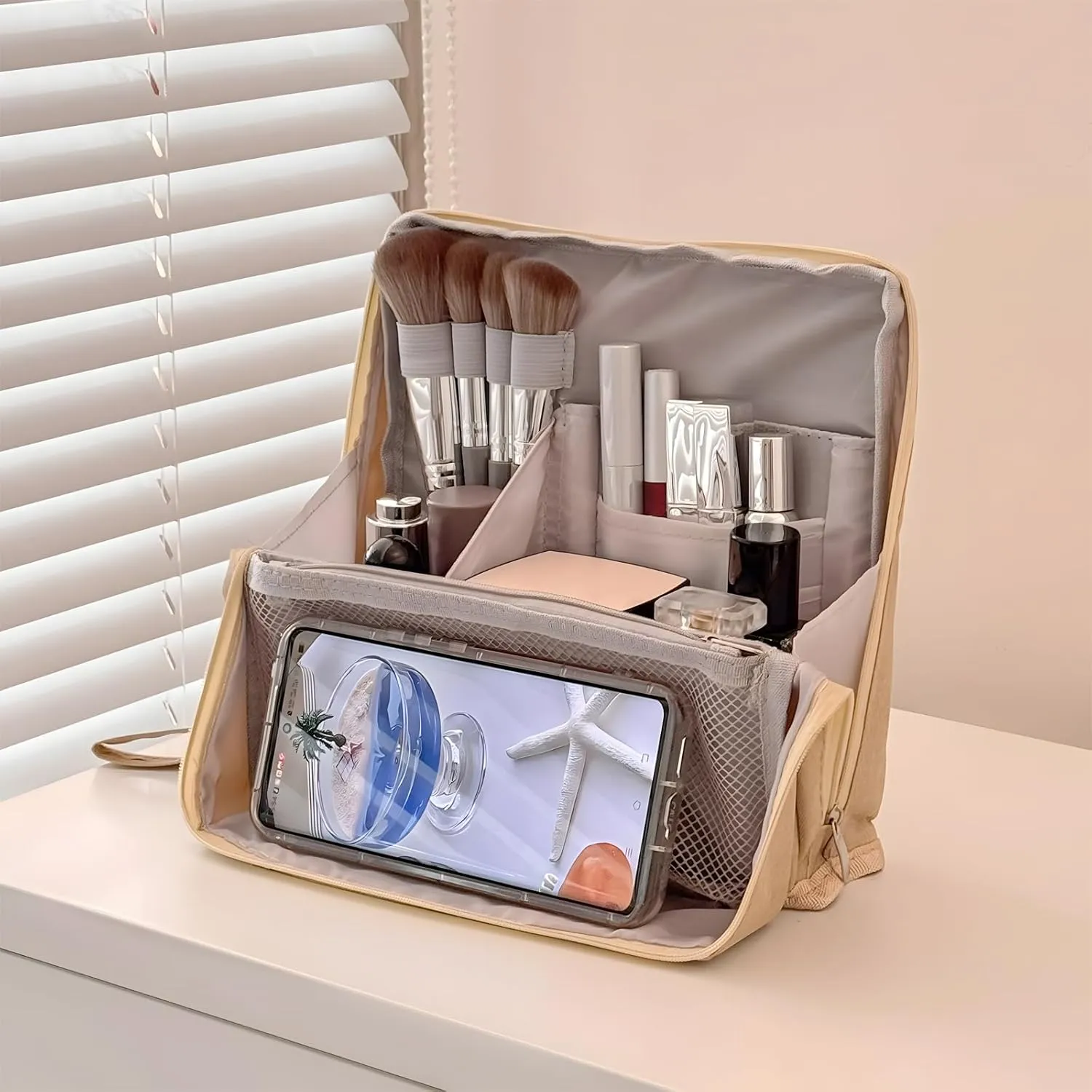 Standing Makeup Bag, Portable Multi Purpose Large Capacity with Room for Brushes and Mirror, Travel Makeup Organizer, Make Up Case, Waterproof Cosmetic Toiletry Bags with Handle (Gray)