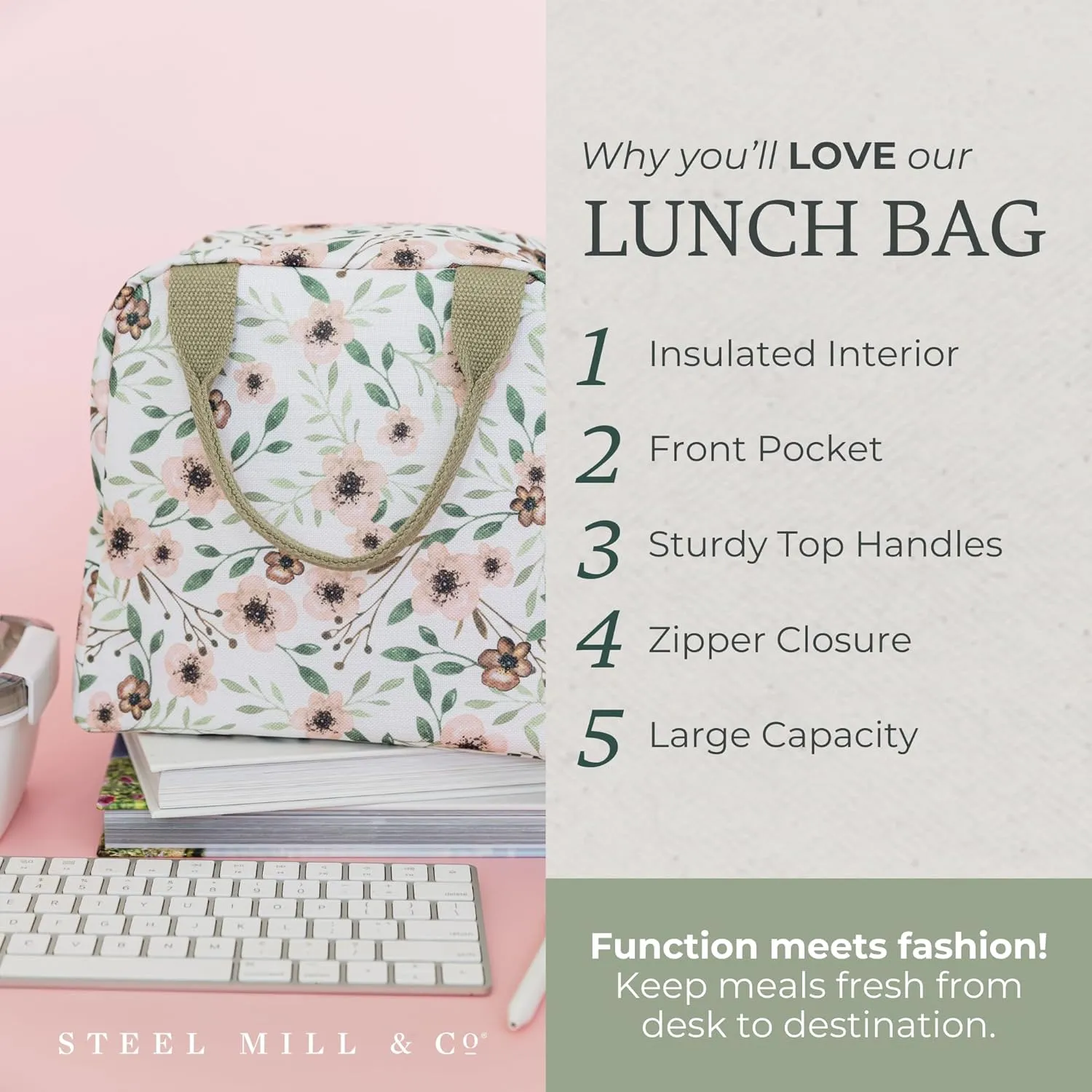 Steel Mill & Co Insulated Lunch Tote Bag for Women, Large Capacity Cooler Lunch Box, Cute Lunch Bag for Adults, Mini Cooler with Zipper Closure, Pockets, and Sturdy Handles (Woodland Floral)