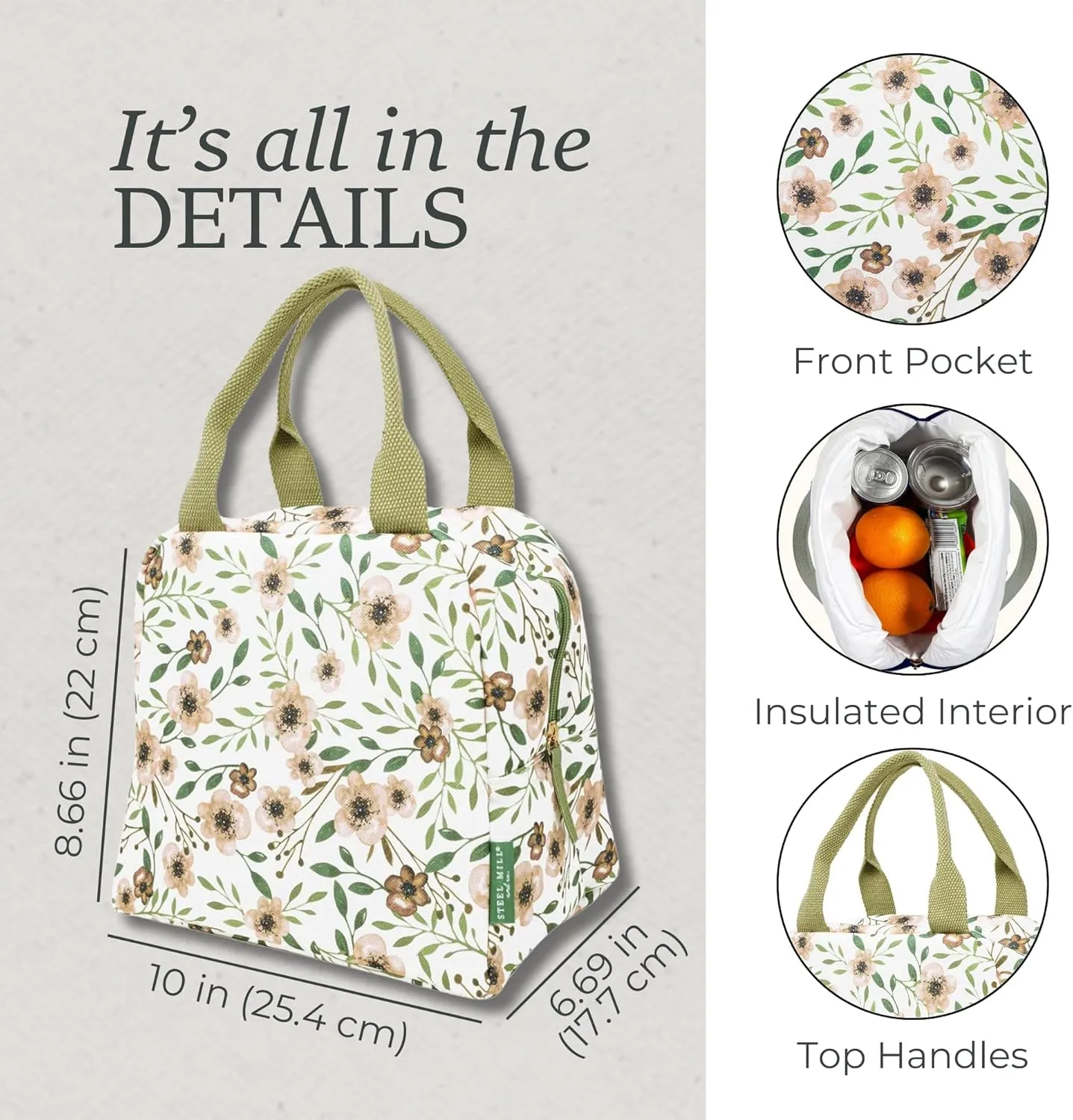 Steel Mill & Co Insulated Lunch Tote Bag for Women, Large Capacity Cooler Lunch Box, Cute Lunch Bag for Adults, Mini Cooler with Zipper Closure, Pockets, and Sturdy Handles (Woodland Floral)