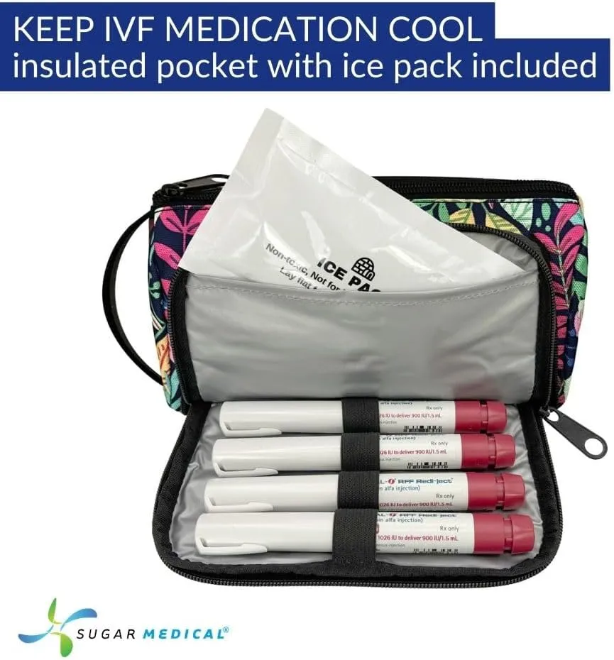 Sugar Medical IVF Supply Bag | IVF Gift | Store IVF Medications | Insulated Infertility Organizer | With Ice Pack (Blue Floral)
