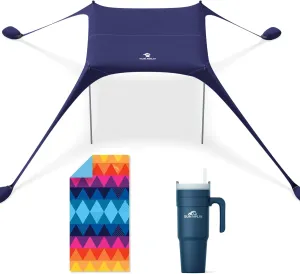 SUN NINJA Beach Shelter Bundle with Beach Towel and Insulated Tumbler, UPF 50  Sun Protection, Sand-Free Quick-Dry Microfiber Towel, Keeps Drinks Cold 12 Hours, Portable Easy Set Up
