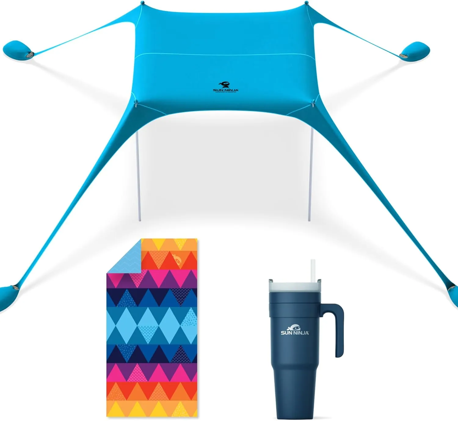 SUN NINJA Beach Shelter Bundle with Beach Towel and Insulated Tumbler, UPF 50  Sun Protection, Sand-Free Quick-Dry Microfiber Towel, Keeps Drinks Cold 12 Hours, Portable Easy Set Up