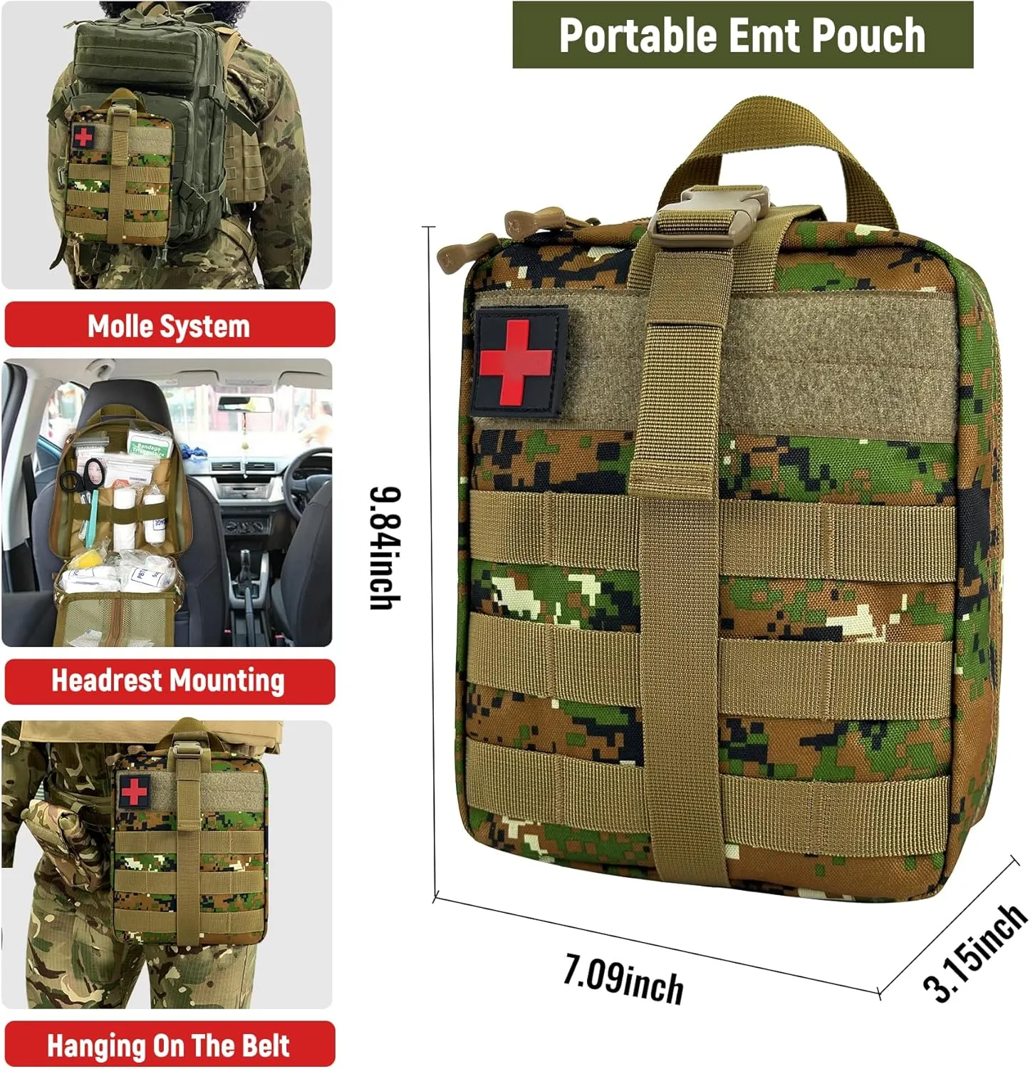 Survival First Aid Kit, MOLLE Medical Pouch Tactical First Aid Kit for Home, Car, Hiking, Travel, Camping, JungleGreen