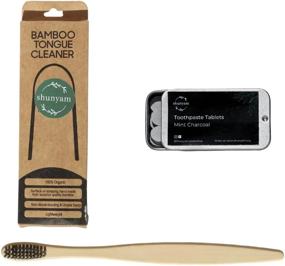 Sustainable Dental Kit - Starter Kit | Mint Charcoal | Toothpaste Tablets, Bamboo Brush, Bamboo Tongue Cleaner | Travel Friendly | Teeth Whitening