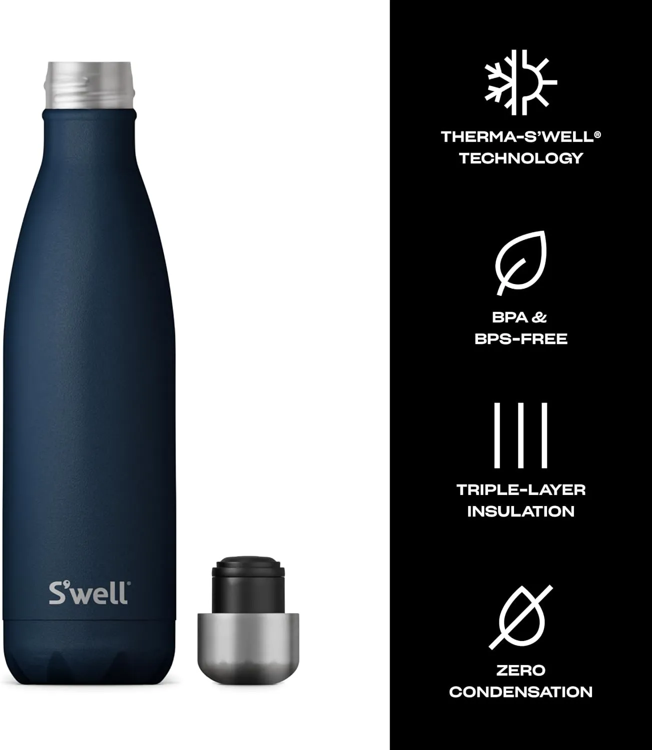 S'well Stainless Steel Water Bottle, 17oz, Azurite, Triple Layered Vacuum Insulated Containers Keeps Drinks Cold for 36 Hours and Hot for 18, BPA Free, Perfect for On the Go