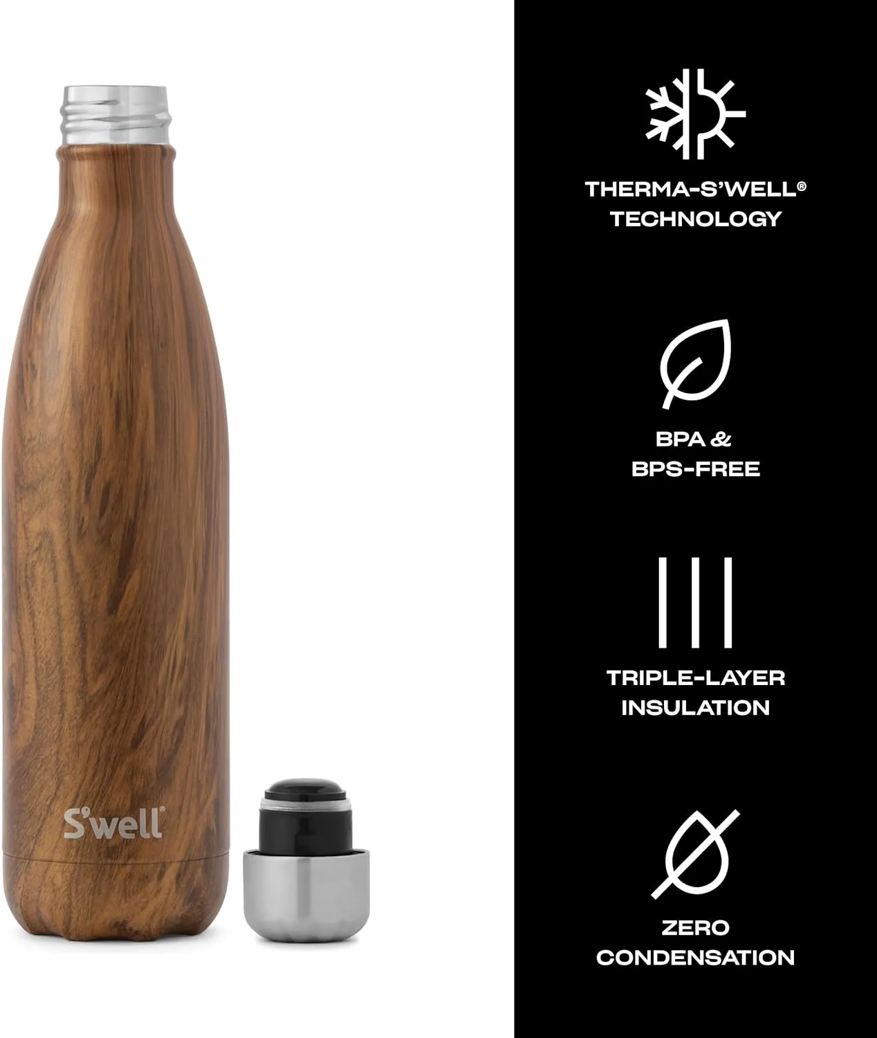 S'well Stainless Steel Water Bottle, 25oz, Teakwood, Triple Layered Vacuum Insulated Containers Keeps Drinks Cold for 48 Hours and Hot for 24, BPA Free, Perfect for On the Go