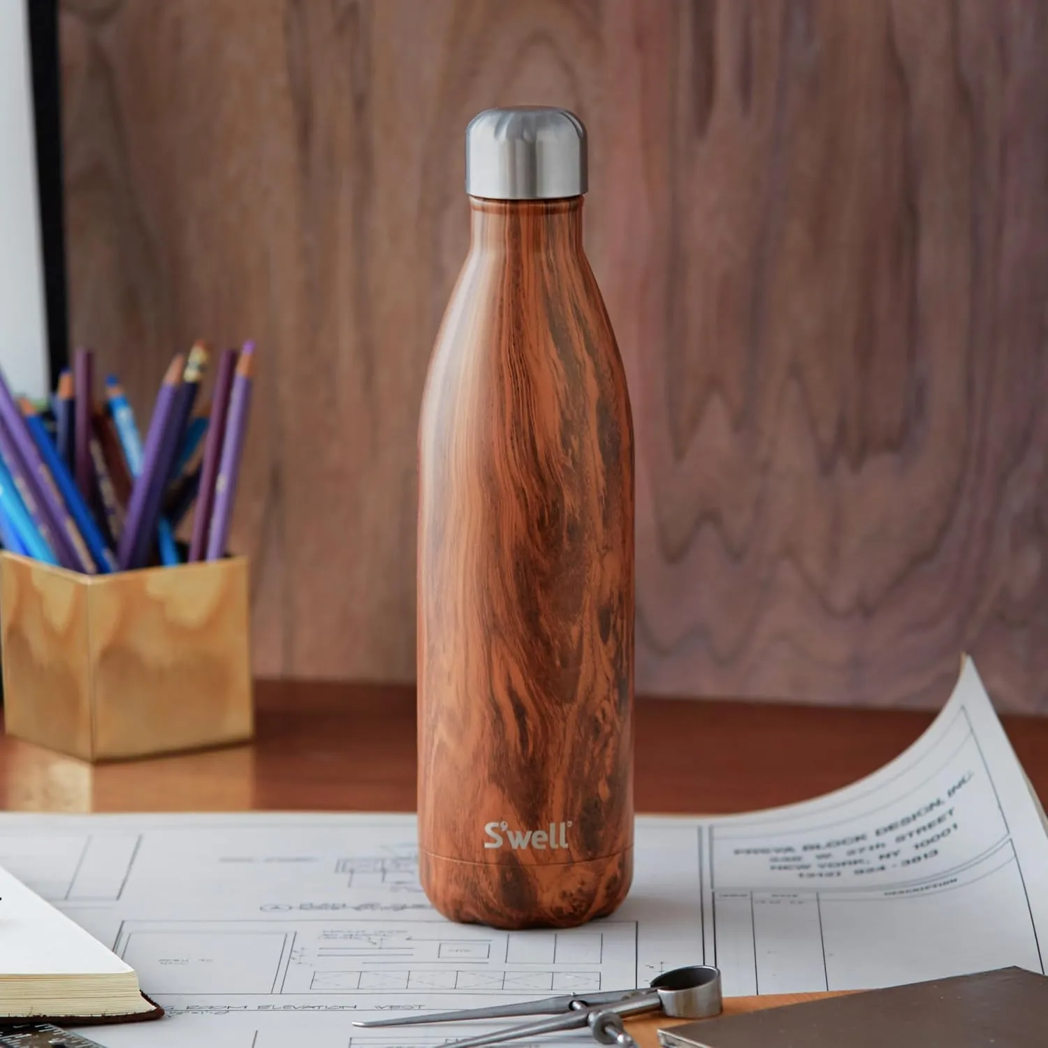 S'well Stainless Steel Water Bottle, 25oz, Teakwood, Triple Layered Vacuum Insulated Containers Keeps Drinks Cold for 48 Hours and Hot for 24, BPA Free, Perfect for On the Go