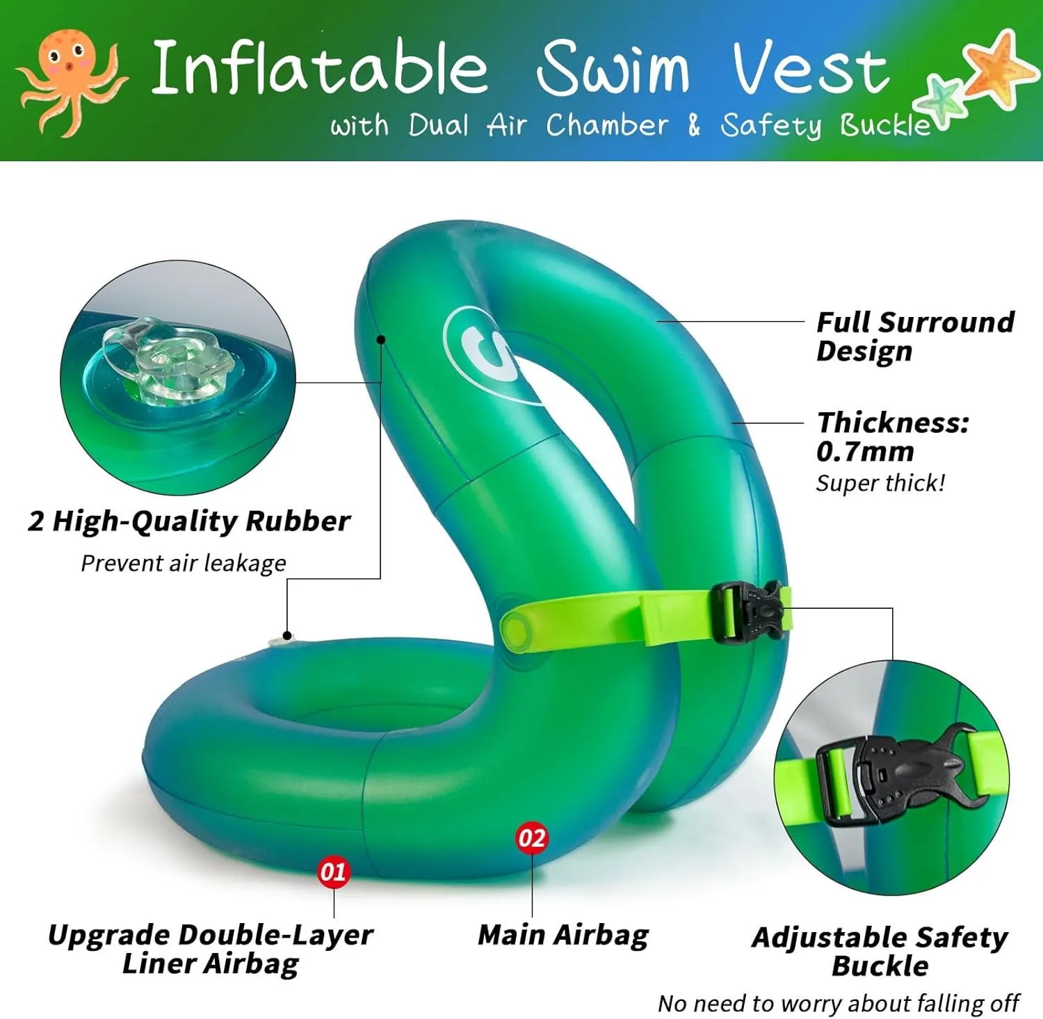Swim Vest, Inflatable Swim Jacket, Pool Floaties, Lightweight Buoyancy Aid Floation for Toddler Kids Teens Adults