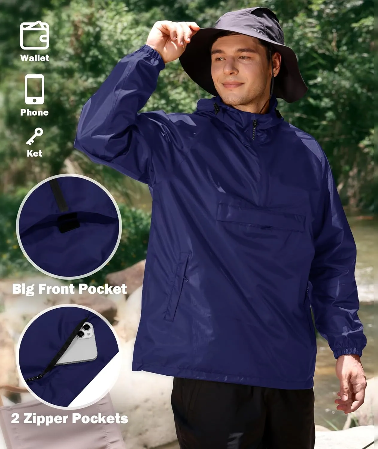 SWISSWELL Men's Rain Jacket Waterproof Lightweight Packable Pullover Windbreaker with Hood for Travel Hiking Golf