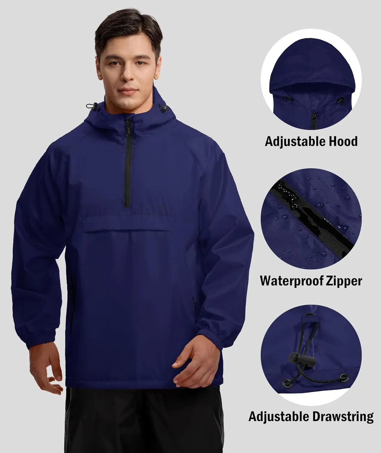 SWISSWELL Men's Rain Jacket Waterproof Lightweight Packable Pullover Windbreaker with Hood for Travel Hiking Golf