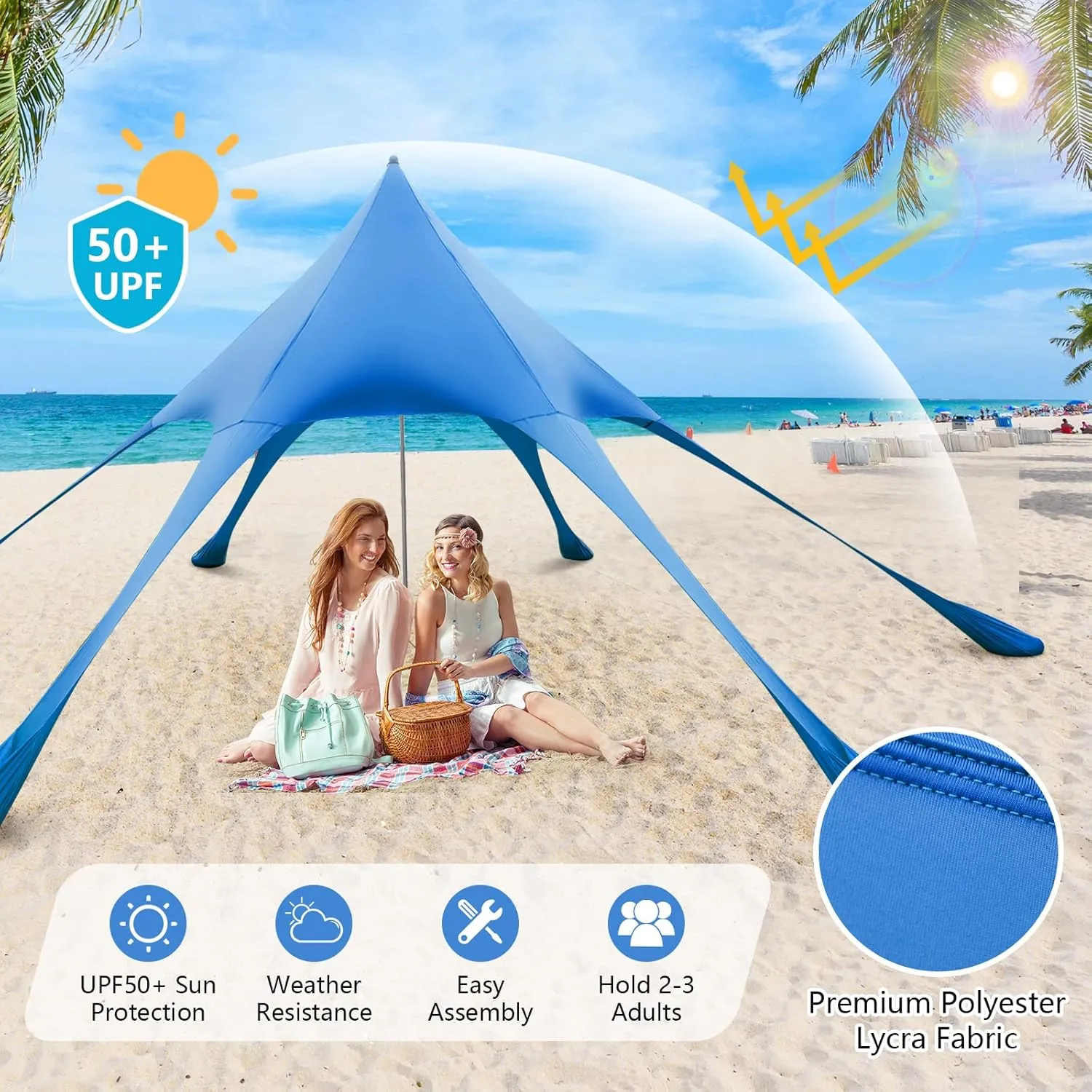 Tangkula Beach Canopy Tent, UPF50  Beach Sun Shade with Sand Shovel, 6 Ground Pegs, 6 Sandbags, Supporting Pole, Carry Bag, Pop Up Beach Sun Shelter for Camping, Fishing, Trip